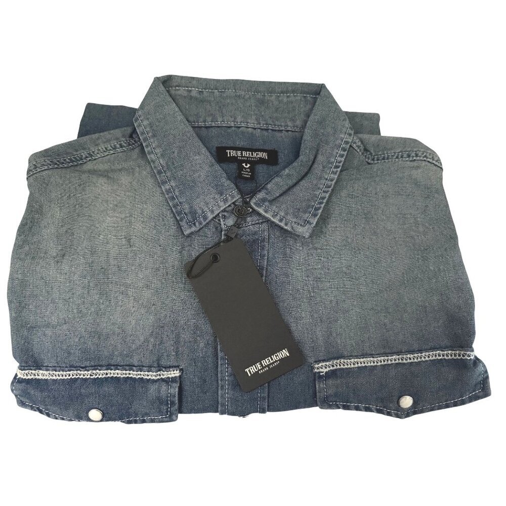 True Religion Mens Blue Denim Graphic Logo Chambray Long Sleeve Shirt Sz L New - Picture 3 of 9